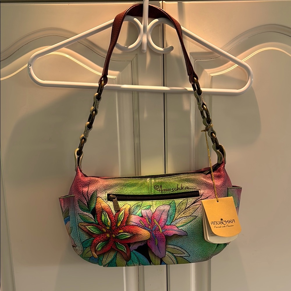Anuschka Pink and Green Shoulder Bag with Floral Design